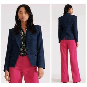 Veronica Beard Wool Blend Tweed Cutaway Dickey Jacket in Blue Black Plaid Size 2